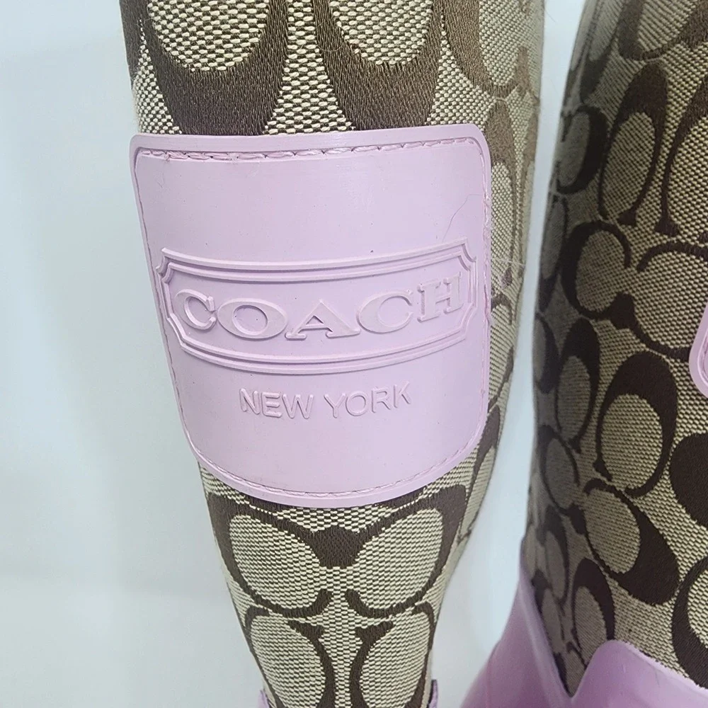 Coach Pink Rain Boots 8B tan Signature Monogram Canvas